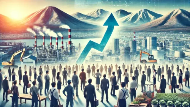 An image focusing on the workforce in Hokkaido, Japan, symbolizing the minimum wage increase. The scene shows a diverse group of workers, from different industries like retail, agriculture, and office work, against a backdrop of iconic Hokkaido landmarks like mountains and nature. The atmosphere conveys collaboration and optimism, with subtle visual elements like upward arrows indicating economic progress. The image should evoke a sense of opportunity, unity, and growth.