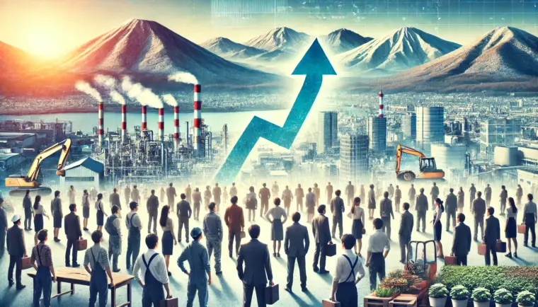 An image focusing on the workforce in Hokkaido, Japan, symbolizing the minimum wage increase. The scene shows a diverse group of workers, from different industries like retail, agriculture, and office work, against a backdrop of iconic Hokkaido landmarks like mountains and nature. The atmosphere conveys collaboration and optimism, with subtle visual elements like upward arrows indicating economic progress. The image should evoke a sense of opportunity, unity, and growth.